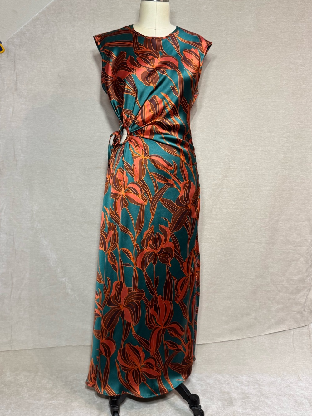 House of Harlow 1960 | Green and Orange Floral Satin Dress | L